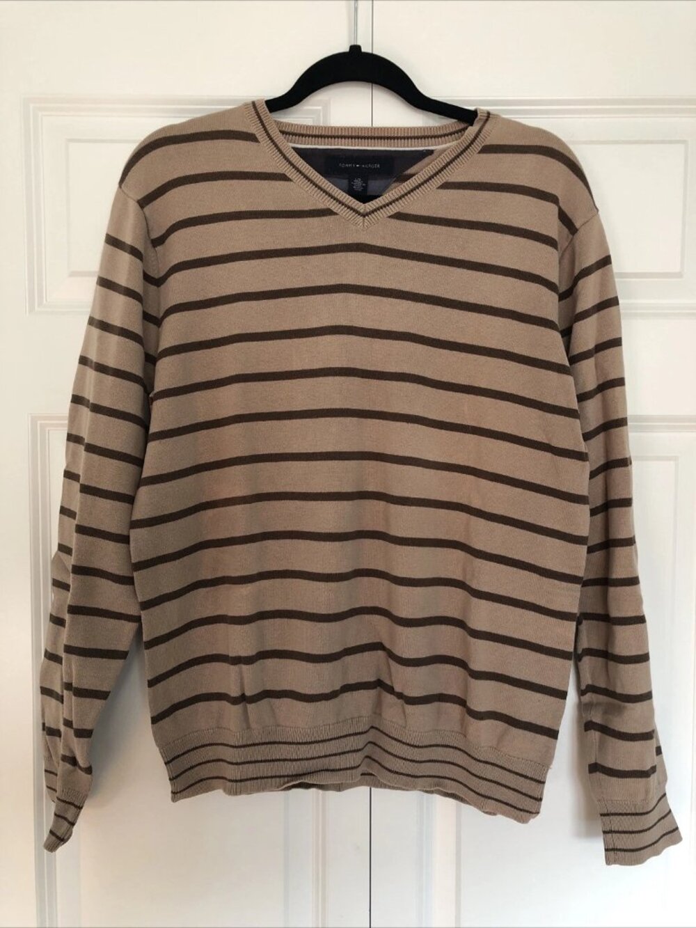 Tommy Hilfiger Men's Large Brown Striped V-Neck Cotton Sweater